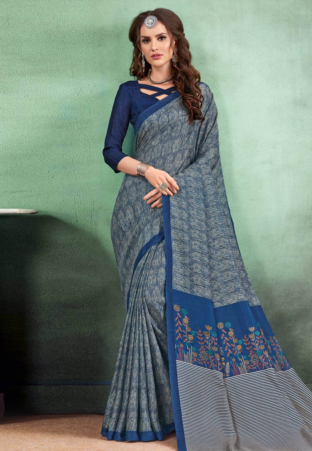 Blue Chiffon Printed Saree With Blouse 171490