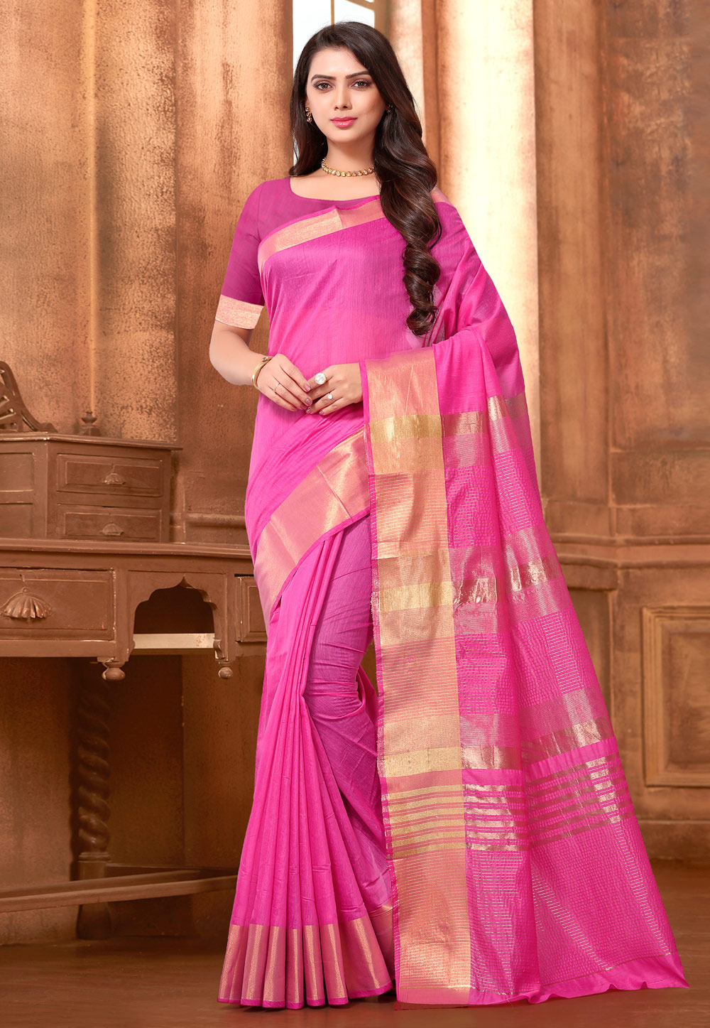 Pink Cotton Saree With Blouse 171658