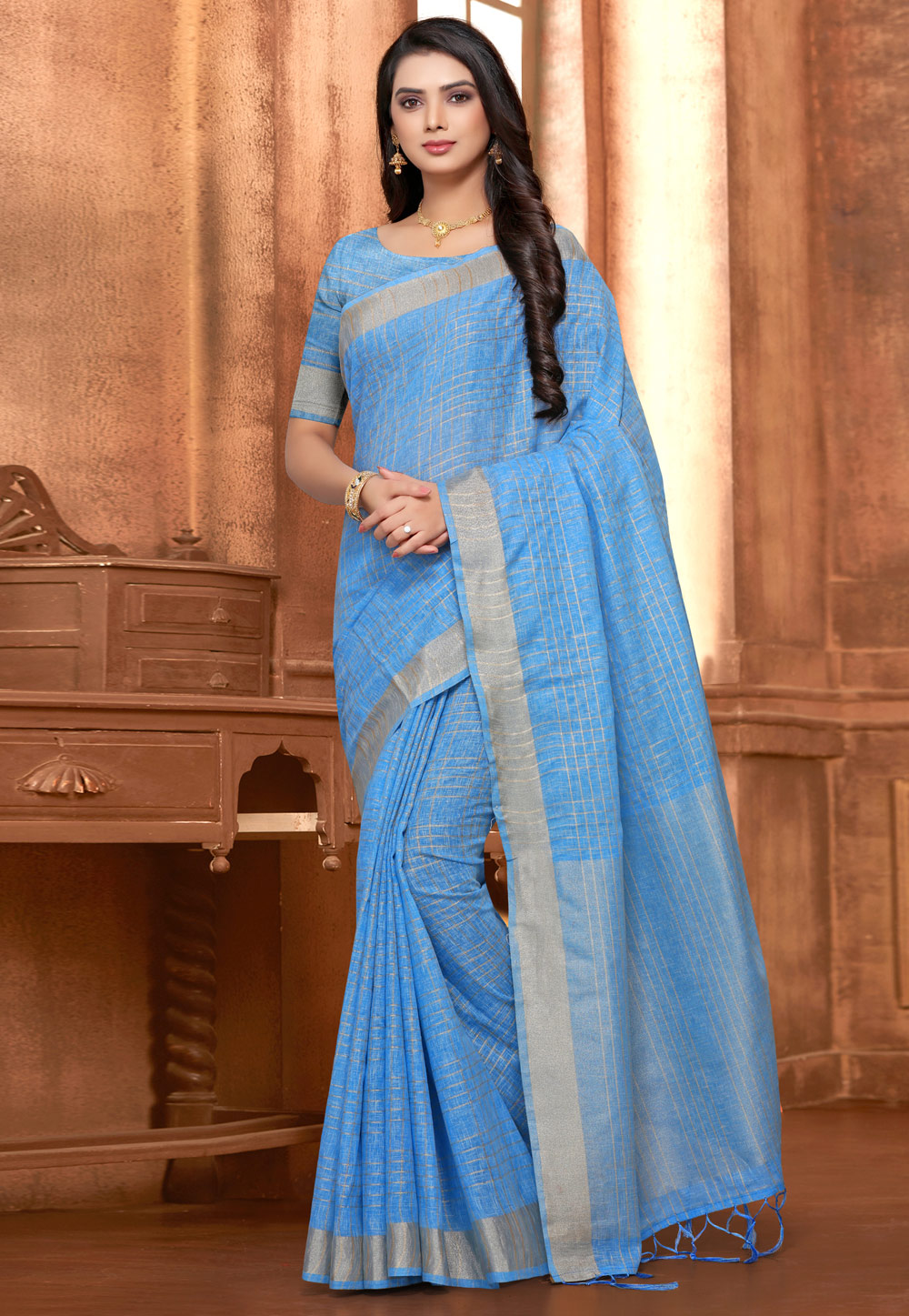 Light Blue Linen Festival Wear Saree 171628
