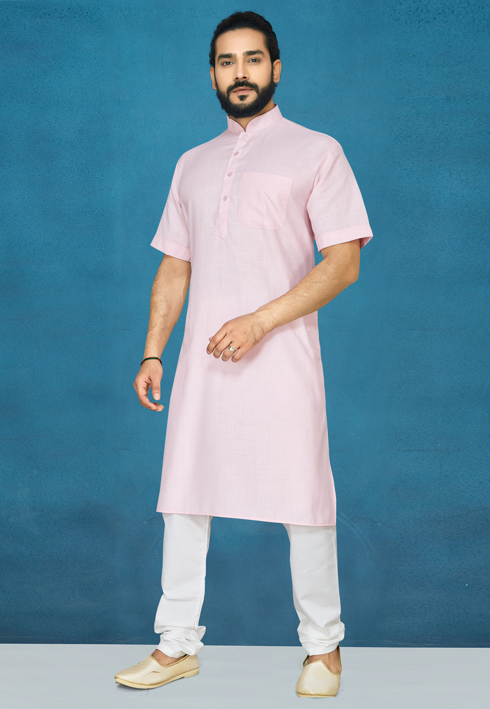 Light Pink Cotton Readymade Kurta Pajama 193283