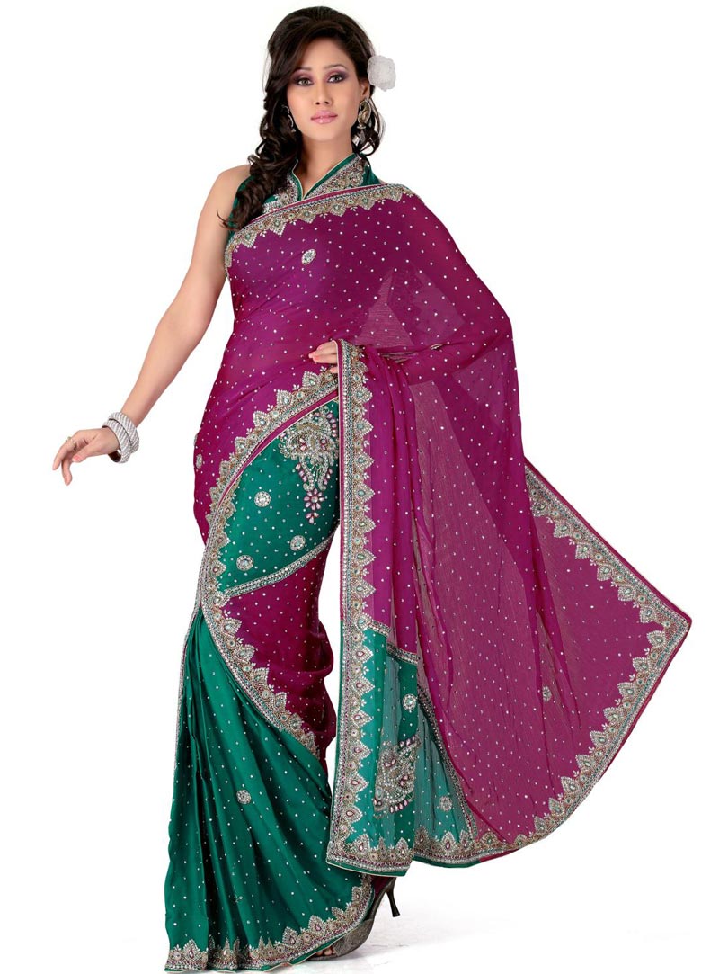 Pink and Green Embroidery with Stone Work Wedding Lehenga Saree 24926