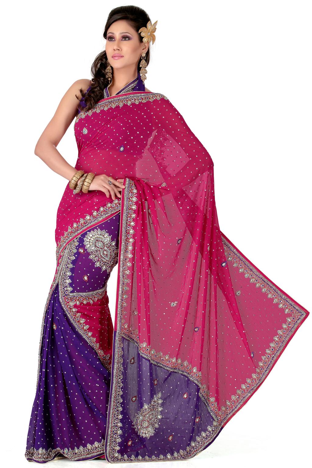 Pink and Purple Chiffon Stone Work Wedding Lehenga Style Saree 24930