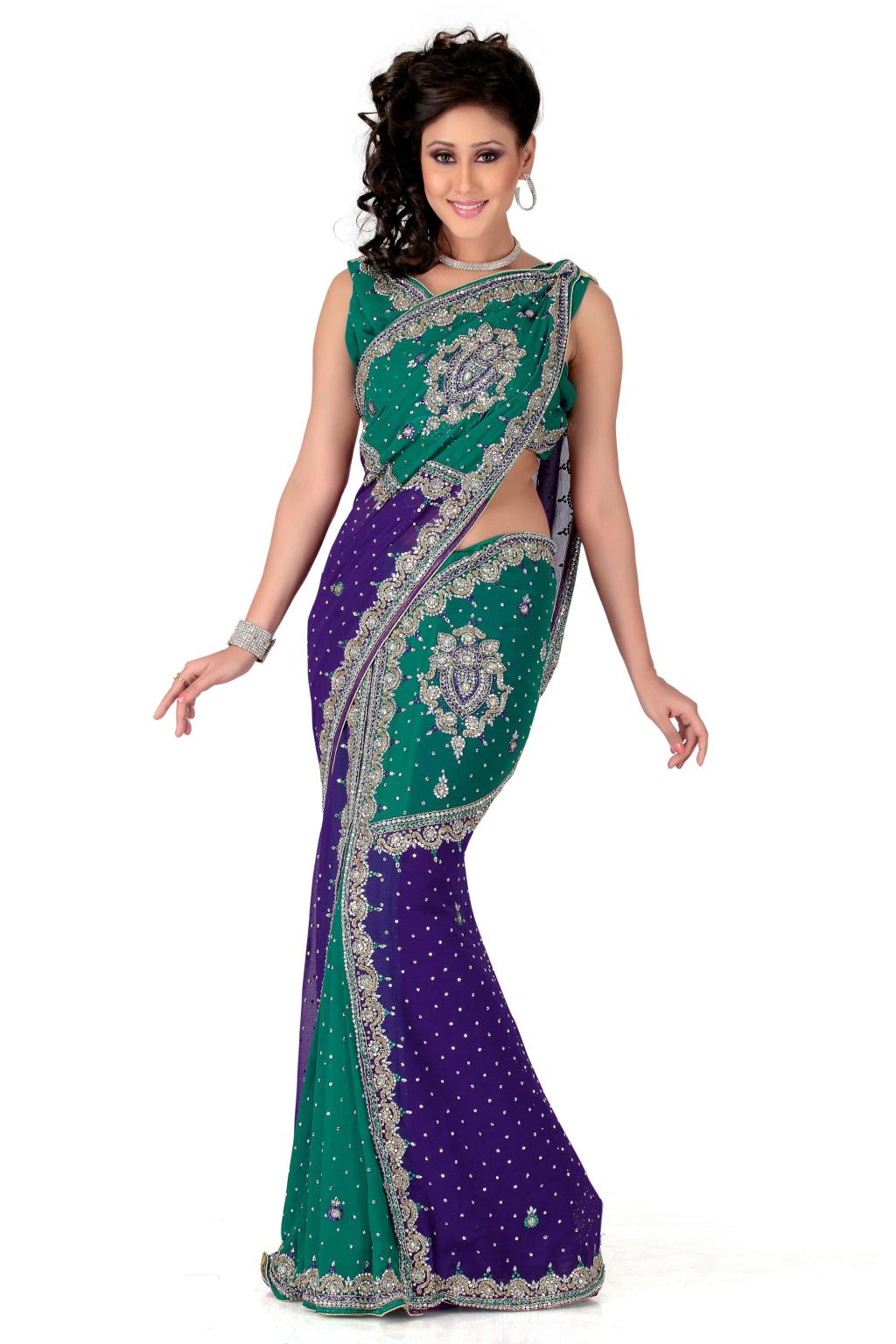 Green and Blue Embroidered with Stone Work Wedding Lehenga Saree 24934