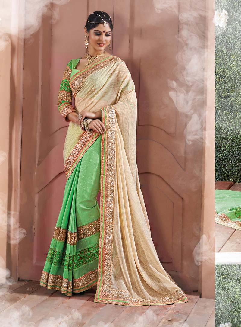 Cream Georgette Half and Half Saree With Blouse 66458
