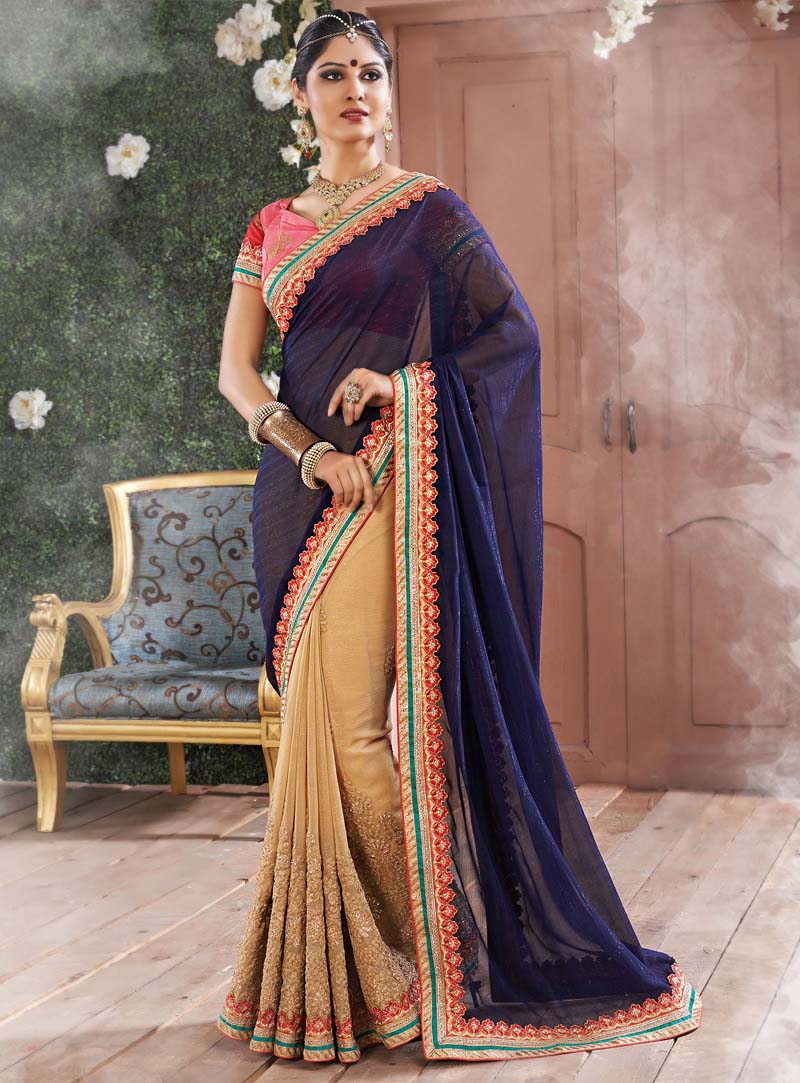 Blue Georgette Half and Half Saree With Blouse 66461