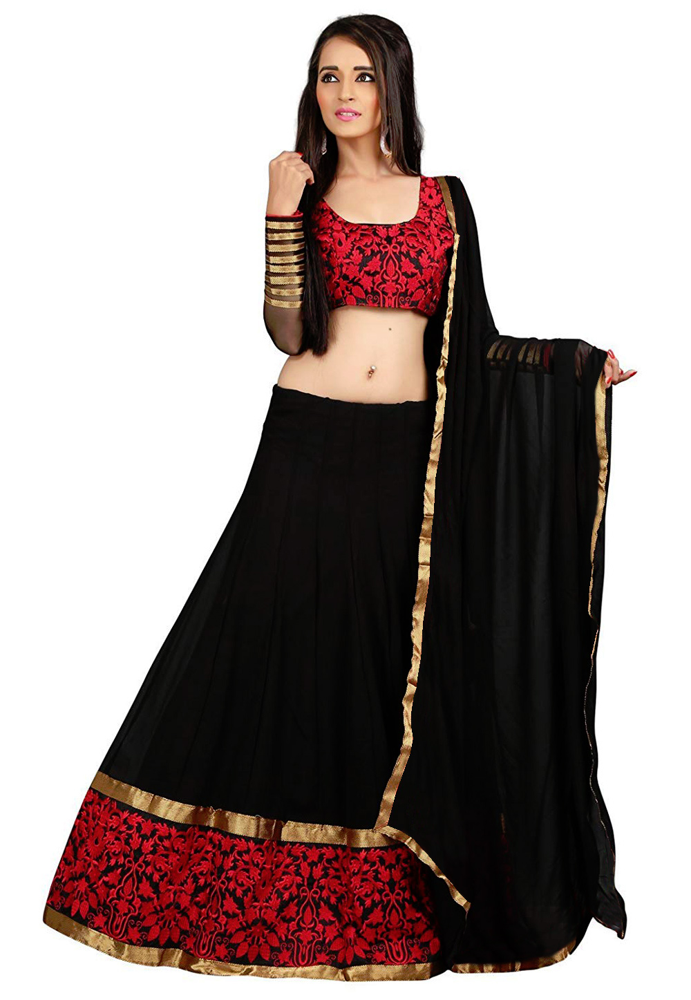 Art Silk Embroidery Lehenga Choli In Black And Red Colour - LD3880545