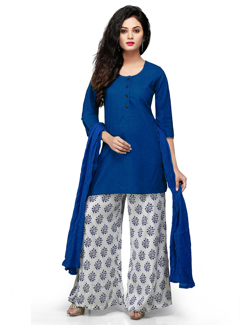 Blue Cotton Readymade Palazzo Style Suit 127578