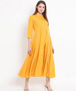 Buy Dark Yellow Embroidered Aline Kurta With Printed Parallel Pants Online   W for Woman
