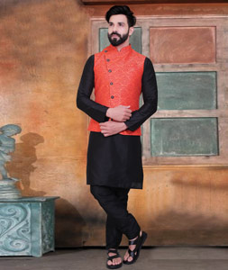 Red kurta pajama on sale with black jacket