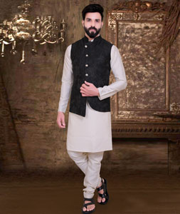 White kurta pajama and black online jacket