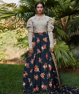 FIERY ORANGE FLORAL PRINTED LEHENGA WITH A MULTI COLOUR MIRROR EMBROIDERED  BLOUSE PAIRED WITH A MATCHING RUFFLED DUPATTA AND TASSELS. - Seasons India
