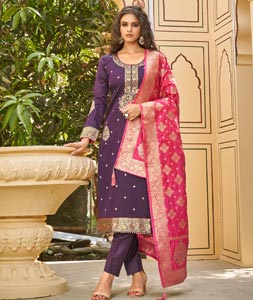 Buy Ethnic Beige Color Banarasi Jacquard Trouser Suit Online