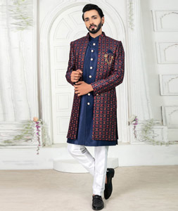 Navy Blue Velvet Jacket Style Sherwani 264732