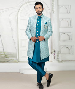 Navy Blue Velvet Jacket Style Sherwani 264732