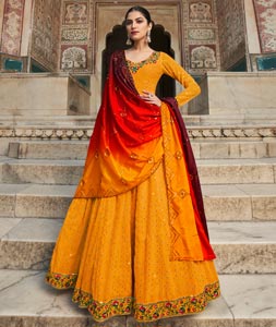 Yashi Round Neck Full Sleeves Yellow Anarkali Suit Set for Women Online-nttc.com.vn