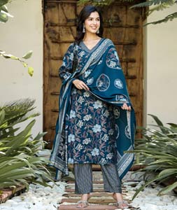 Navy Blue Cotton Readymade Pant Style Suit 273912