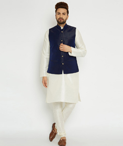 White kurta pajama sale with blue jacket