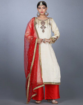 Grey Embroidered Cotton Silk Trouser Suit For Sangeet LSTV124742