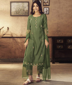 Casual Wear Mehndi Color Sequence Work Salwar Suit