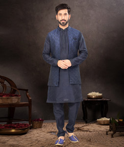 Navy blue kurta pajama with jacket sale