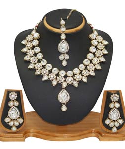 White Alloy Austrian Diamonds Necklace With Earrings and Maang Tikka 66093