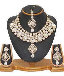 White Alloy Austrian Diamonds Necklace With Earrings and Maang Tikka 66095