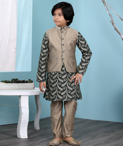 Green Silk Kids Kurta Pajama With Jacket 234464
