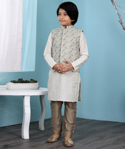 Off White Cotton Silk Kids Kurta Pajama With Jacket 234466