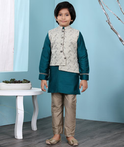 Teal Cotton Silk Kids Kurta Pajama With Jacket 234467