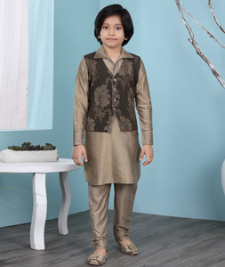 Light Brown Cotton Silk Kids Kurta Pajama With Jacket 234468