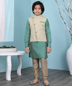 Sea Green Cotton Silk Kids Kurta Pajama With Jacket 234469