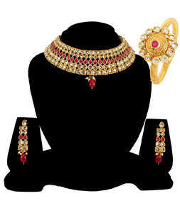 Maroon Alloy Necklace Set Earrings and Kada Bangles 177833