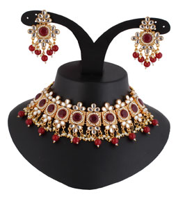 Red Alloy Austrian Diamond Necklace Set With Earrings 220279