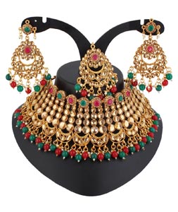 Red Alloy Austrian Diamond Necklace Set With Earrings and Maang Tikka 220280