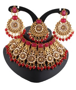 Red Alloy Austrian Diamond Necklace Set With Earrings and Maang Tikka 220284