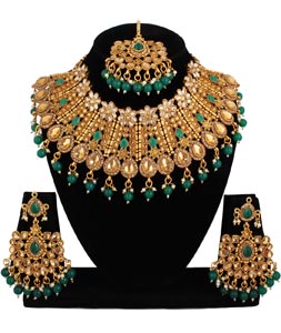 Green Alloy Austrian Diamond Necklace Set With Earrings and Maang Tikka 220285