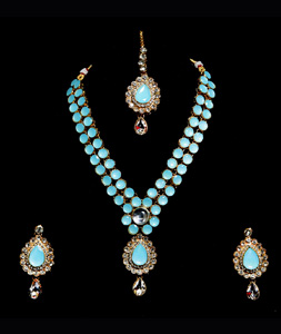 Sky Blue Alloy Austrian Diamond Necklace Set With Earrings and Maang Tikka 247933