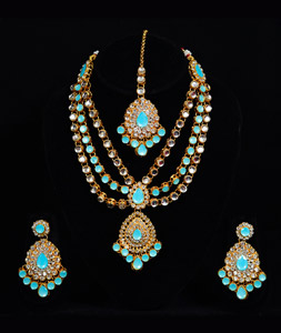Sky Blue Alloy Austrian Diamond Necklace Set With Earrings and Maang Tikka 247936