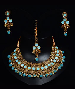 Sky Blue Alloy Austrian Diamond Necklace Set With Earrings and Maang Tikka 247950