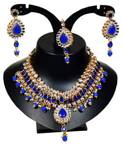 Blue Alloy Austrian Diamond Necklace Set With Earrings and Maang Tikka 247957