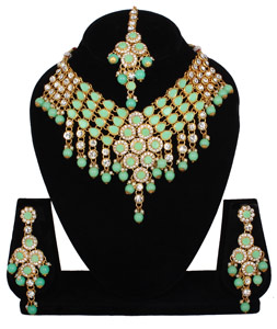 Sea Green Alloy Necklace Set With Earrings and Maang Tikka 257293