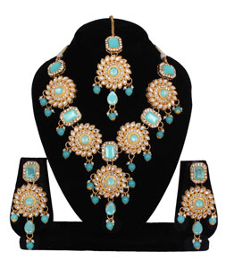 Sky Blue Alloy Necklace Set With Earrings and Maang Tikka 257321