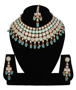 Sky Blue Alloy Necklace Set With Earrings and Maang Tikka 257328