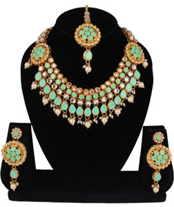 Sea Green Alloy Necklace Set With Earrings and Maang Tikka 257332