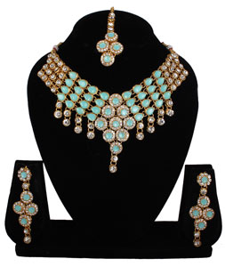 Sky Blue Alloy Necklace Set With Earrings and Maang Tikka 257341