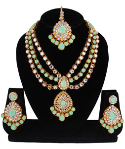 Sea Green Alloy Necklace Set With Earrings and Maang Tikka 257366