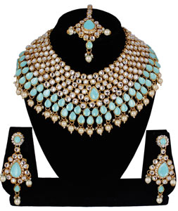 Sky Blue Alloy Necklace Set With Earrings and Maang Tikka 257388