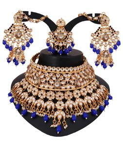 Blue Alloy Austrian Diamonds and Kundan Necklace Set With Earrings and Maang Tikka 272579