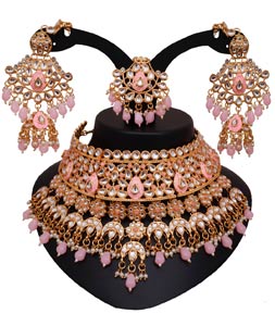 Pink Alloy Austrian Diamonds and Kundan Necklace Set With Earrings and Maang Tikka 272599