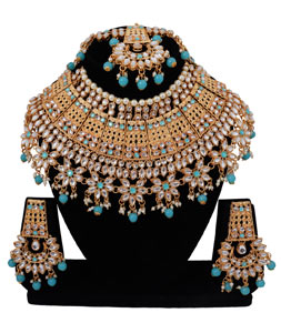 Sky Blue Alloy Austrian Diamonds and Kundan Necklace Set With Earrings and Maang Tikka 272618